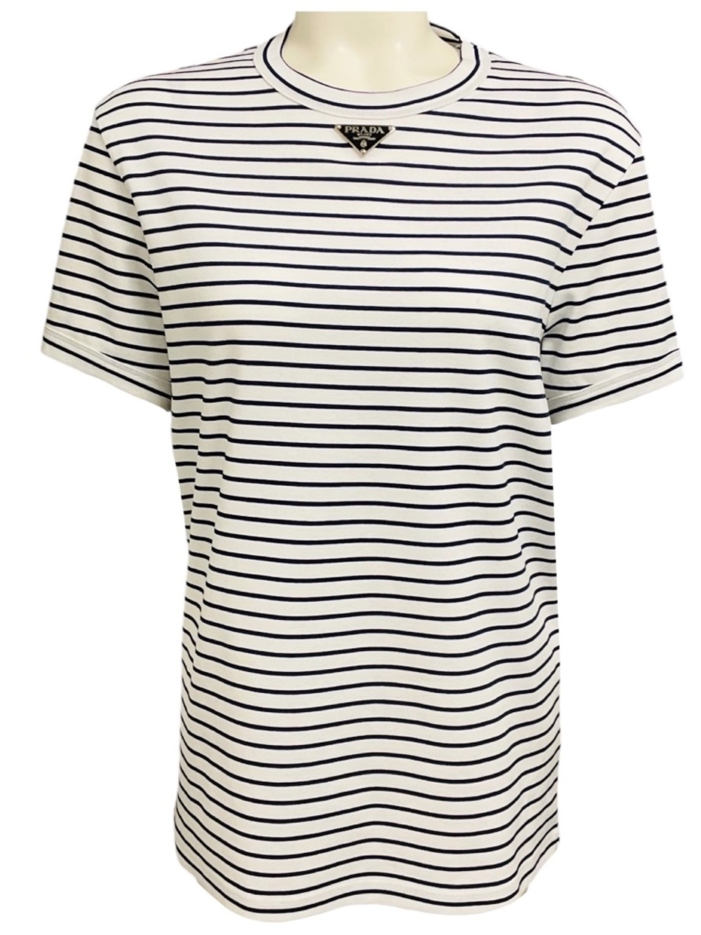 PRADA WHITE / NAVY TRIANGLE LOGO PLAQUE STRIPED COTTON T-SHIRT TOP